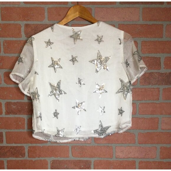 Show Me Your Mumu White Sheer Top Silver Star Sequins Lace Up Front - Picture 2 of 7